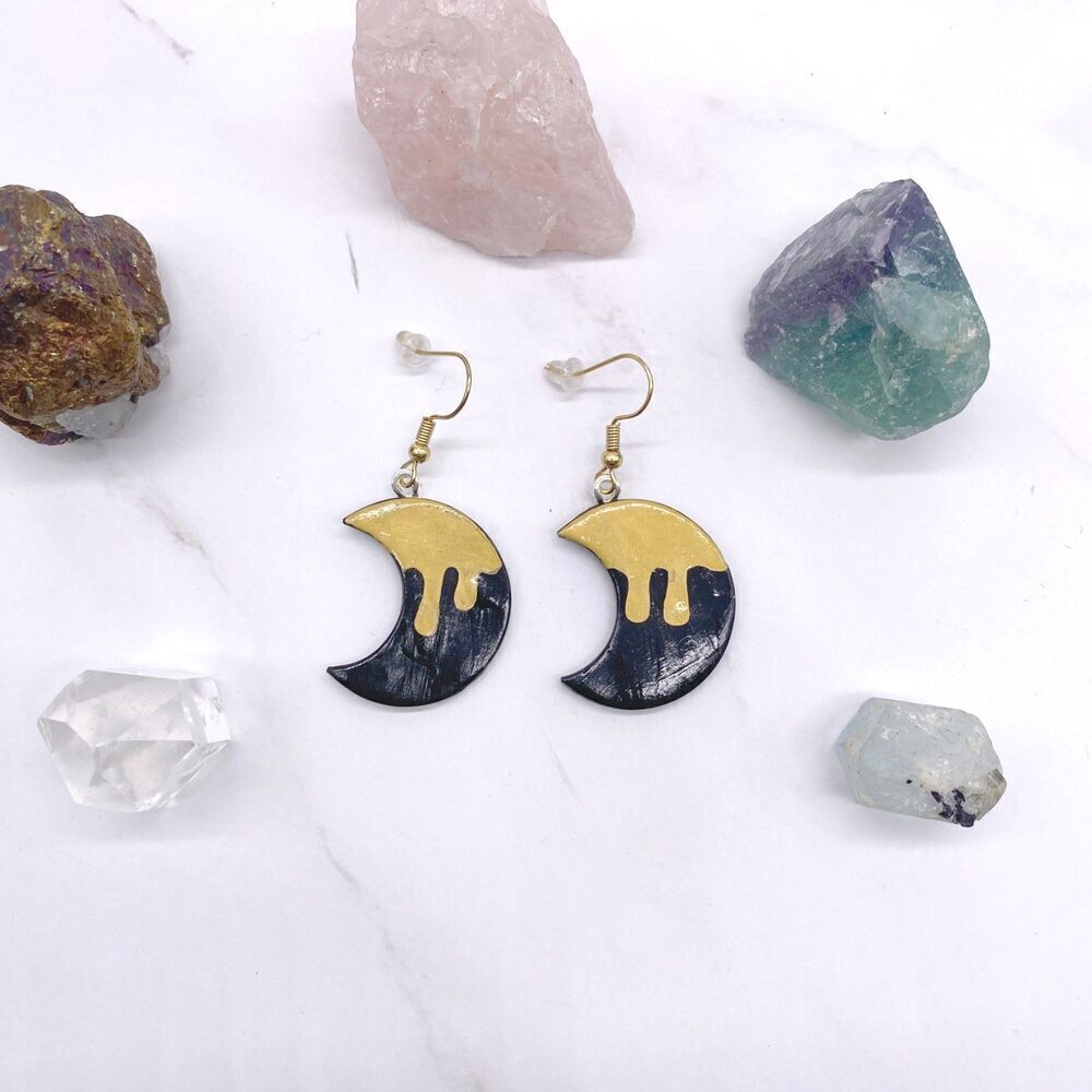 Black and Gold Drippy Moon Wire Hook Dangle Earrings - Picture 3 of 10
